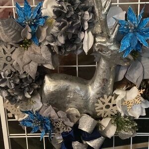 Festive Silver Reindeer Wreath with Blue Bow